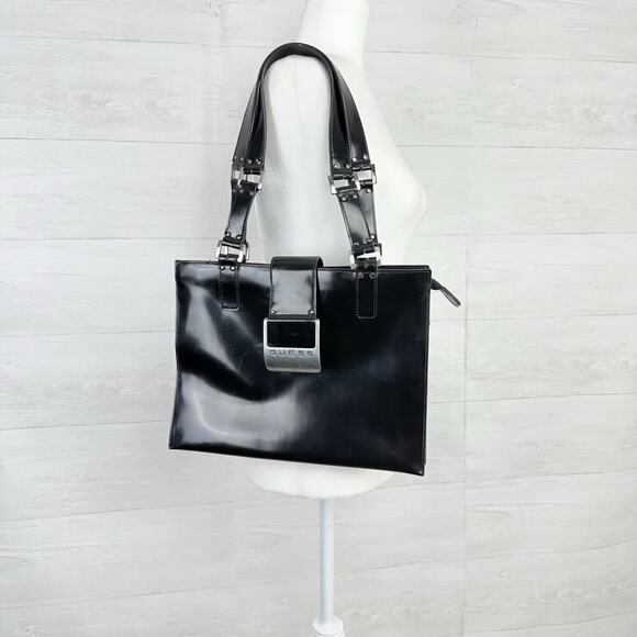 Vintage Y2K Guess Shoulder Bag Black Patent Leather Buckle Logo Purse Retro 90s - Picture 2 of 16